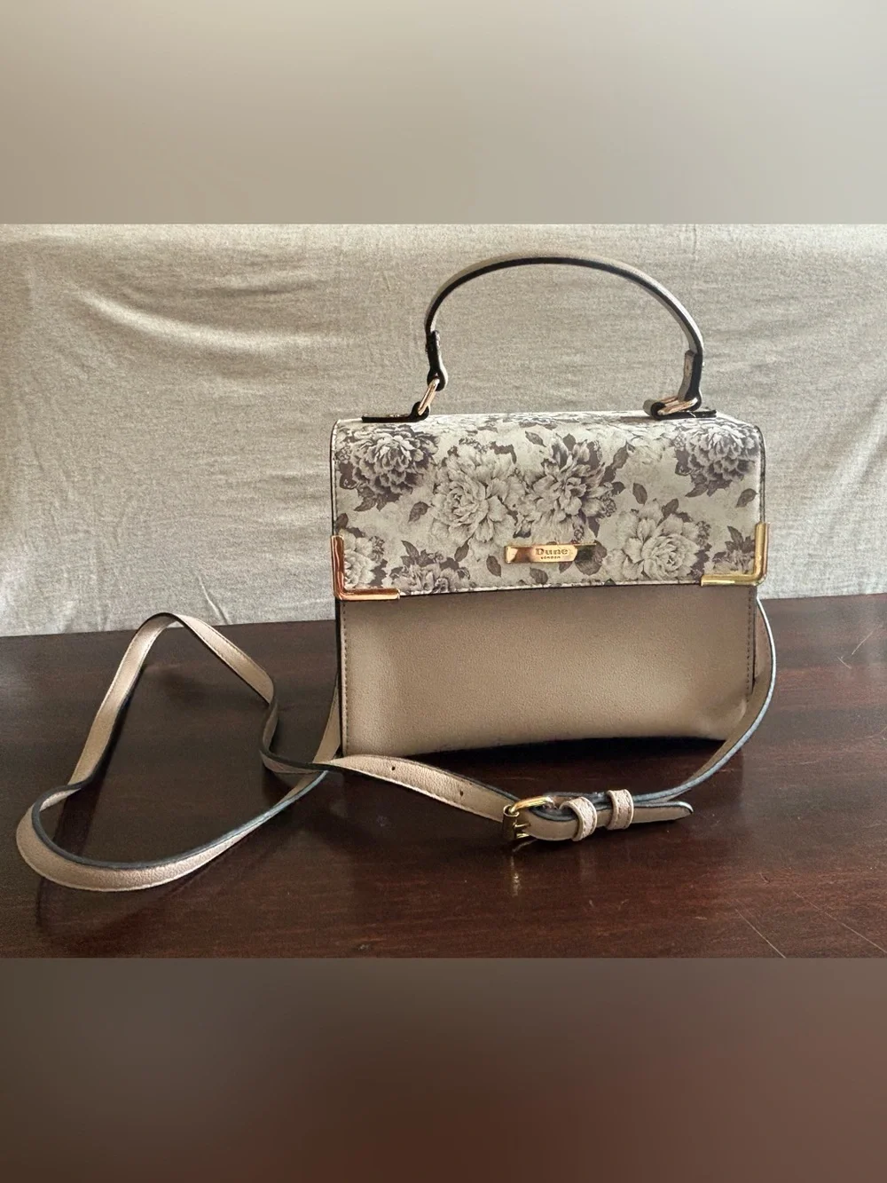 Dune London Taupe Floral-Print Top Handle Crossbody Bag